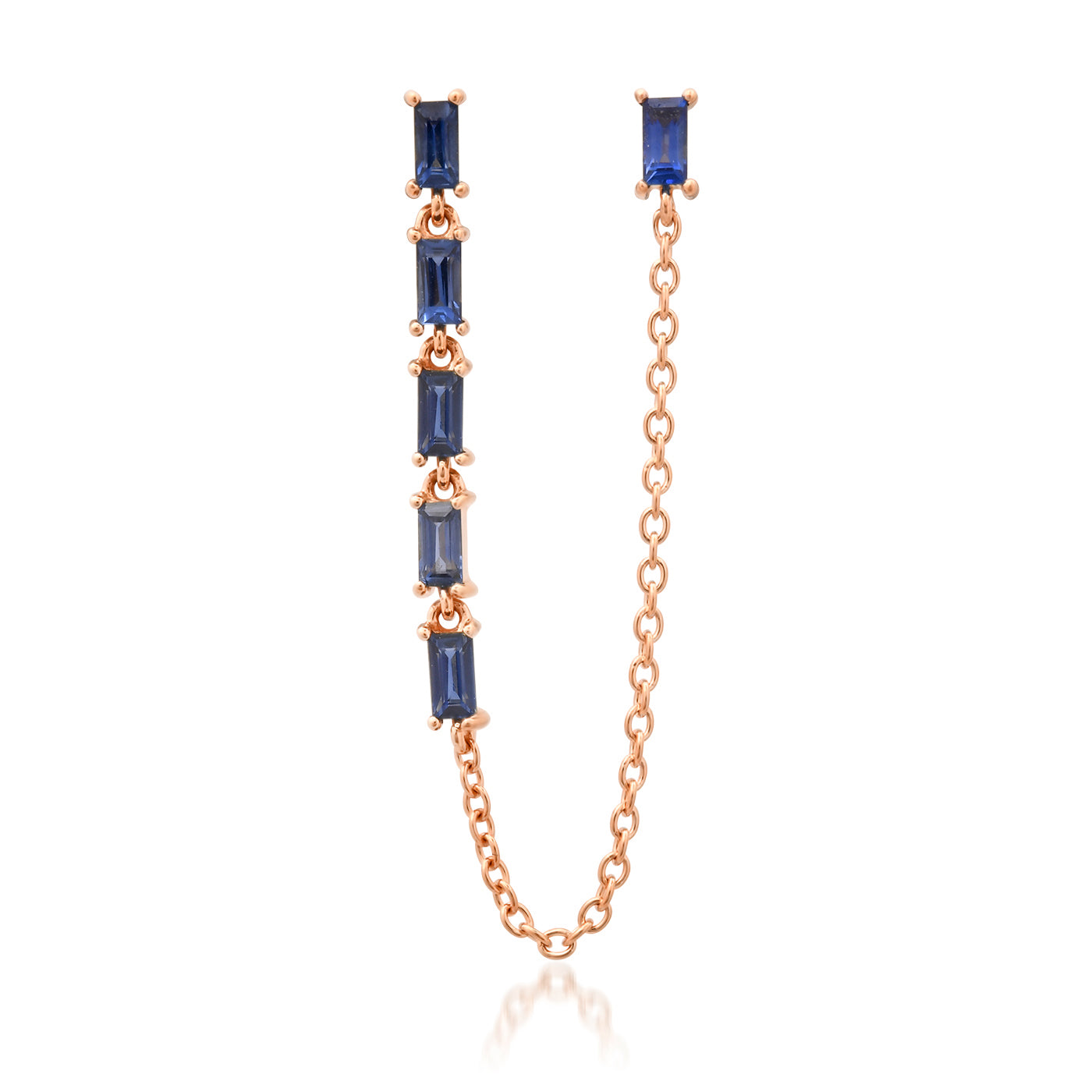 14K Rose Gold Blue Sapphire Baguette Link and Chain Stud