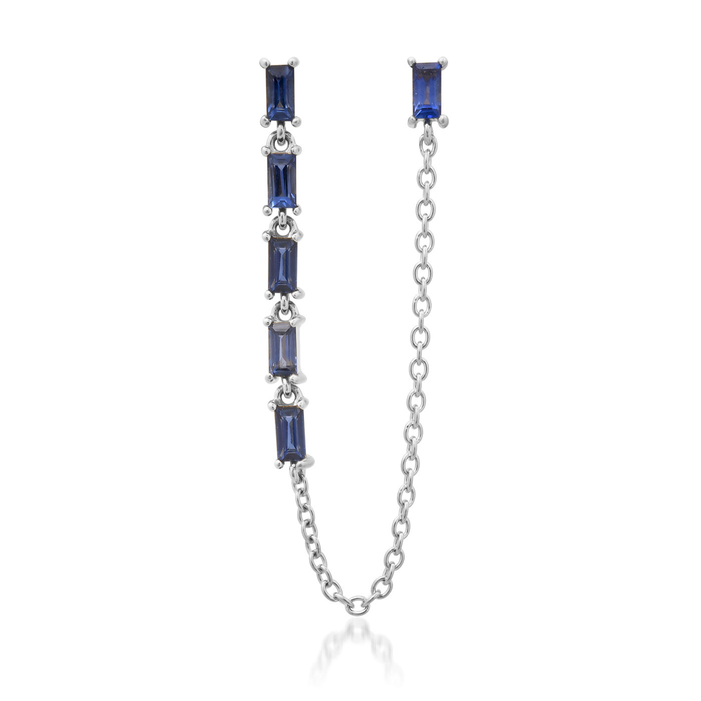 14K White Gold Blue Sapphire Baguette Link and Chain Stud