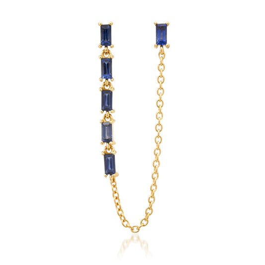 14K Yellow Gold Blue Sapphire Baguette Link and Chain Stud