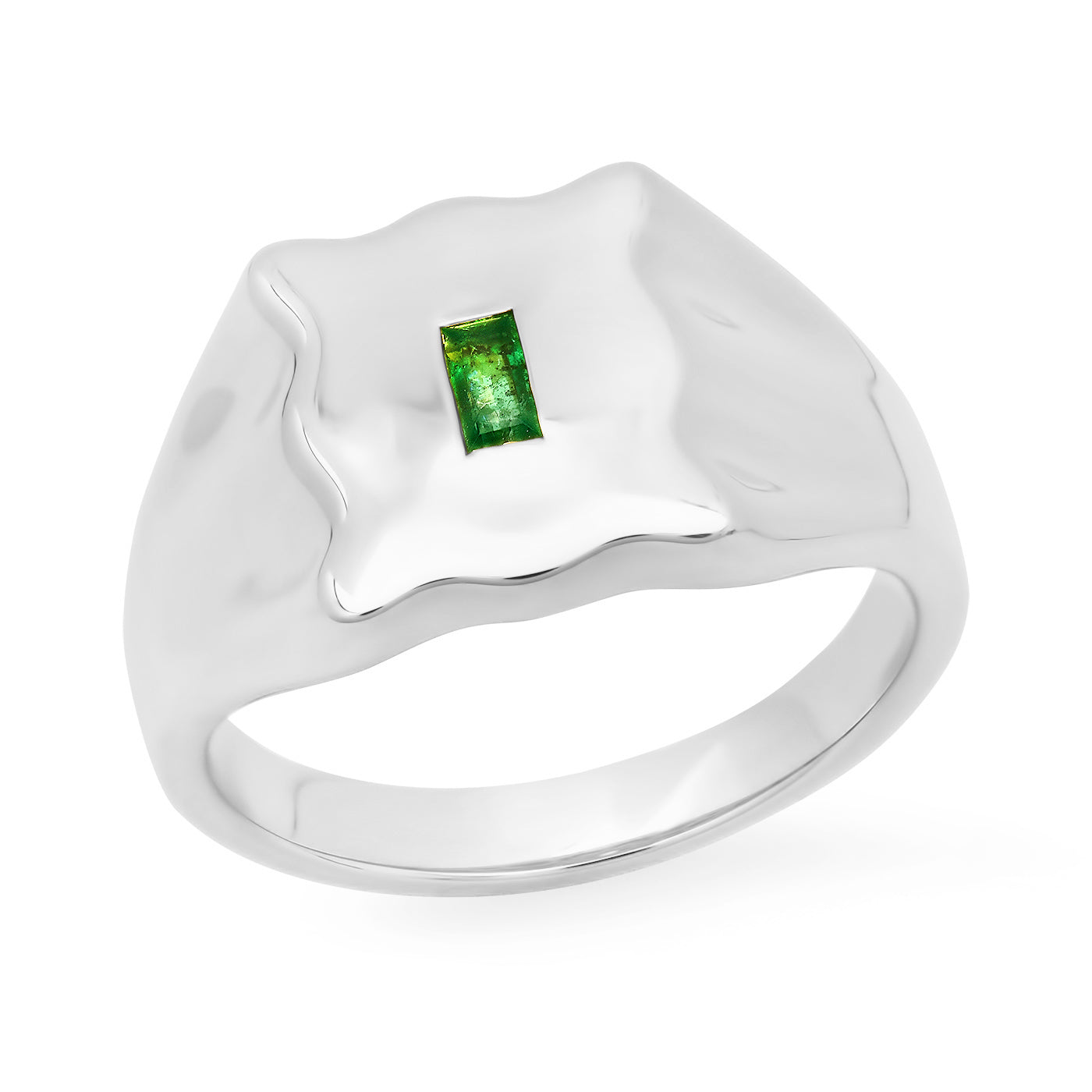 14K White Gold Emerald Baguette Form Signet Ring