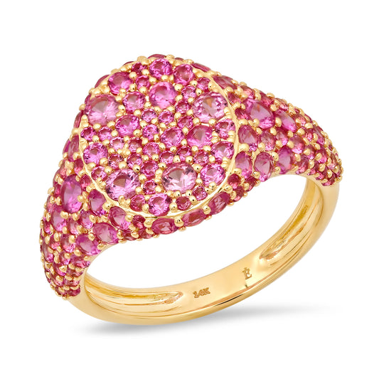 14K Yellow Gold Pink Sapphire Encrusted Signet Ring