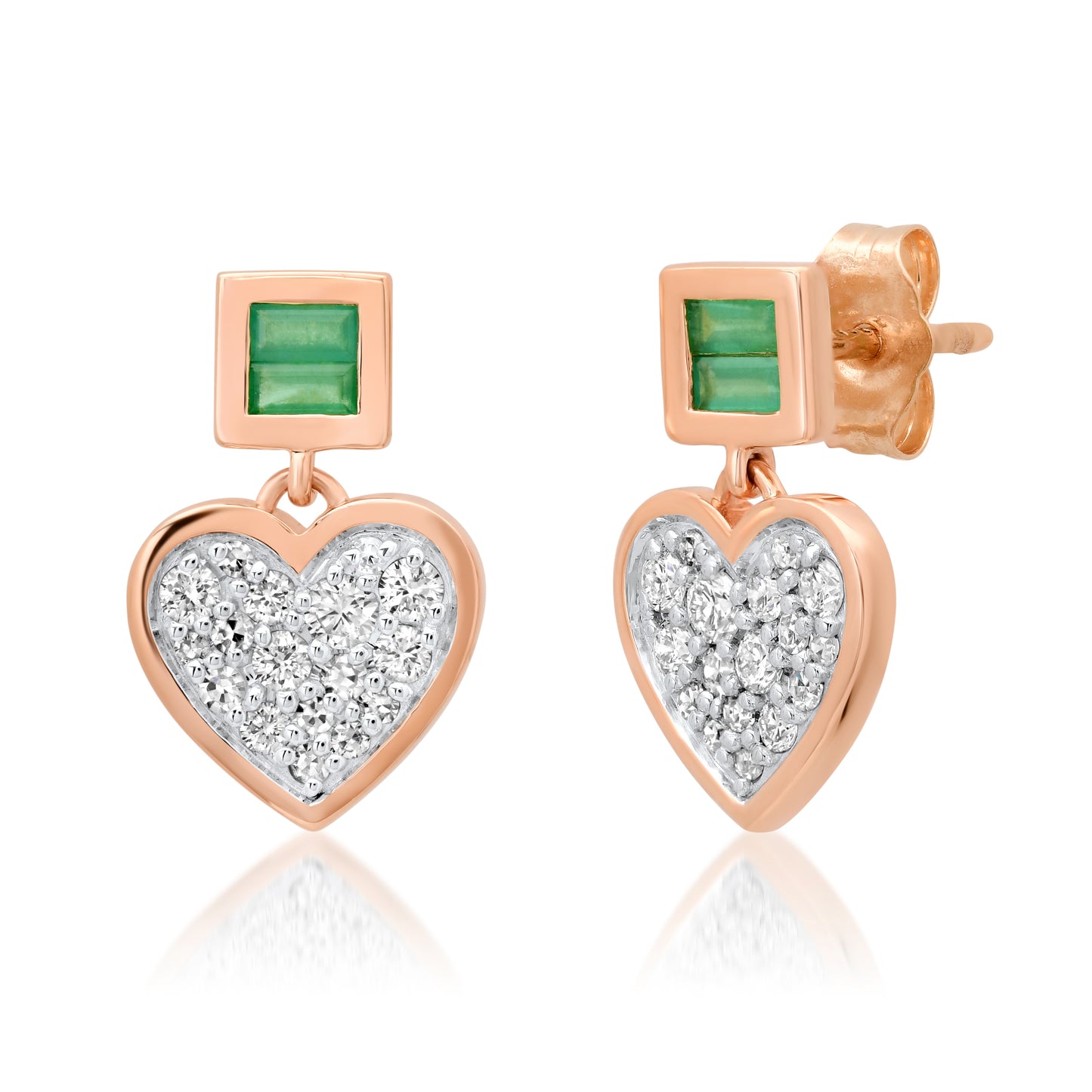 14K Rose Gold Diamond and Emerald Small Sweetheart Earrings