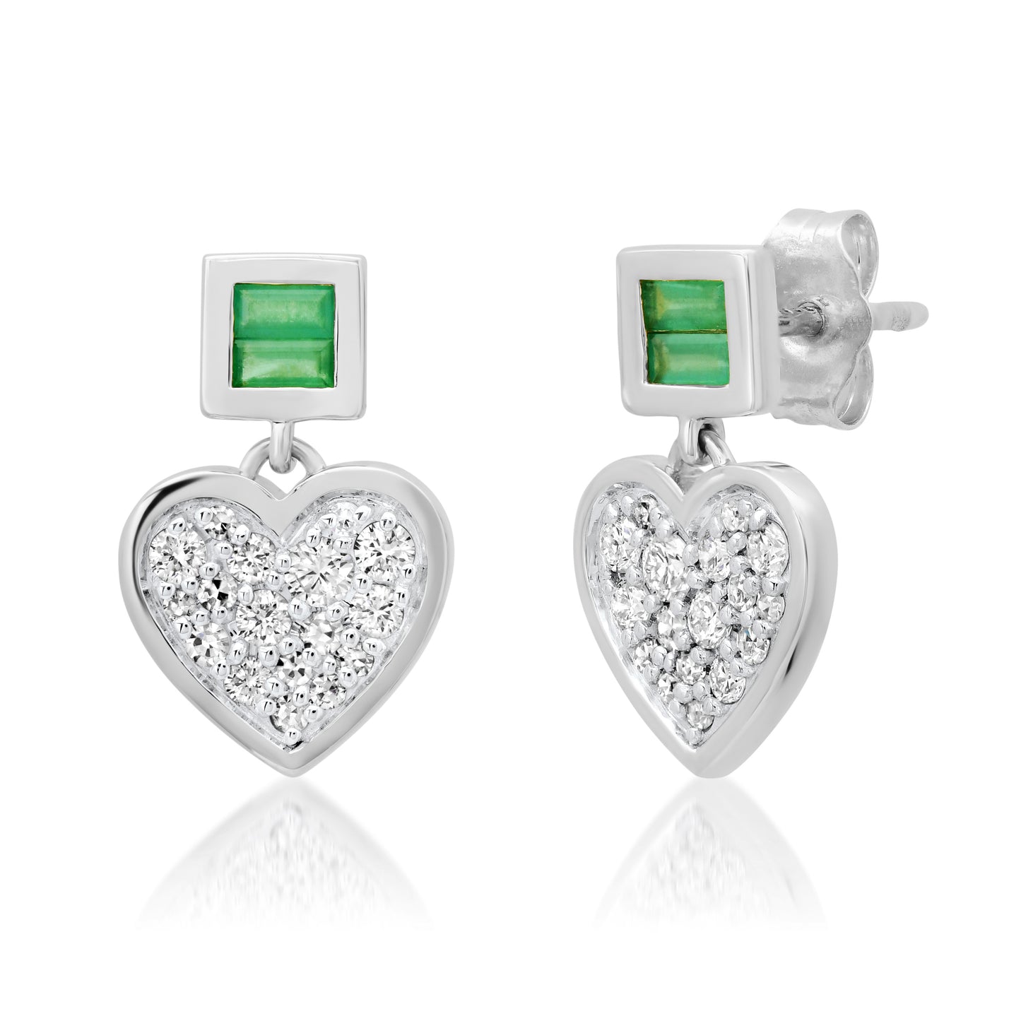 14K White Gold Diamond and Emerald Small Sweetheart Earrings