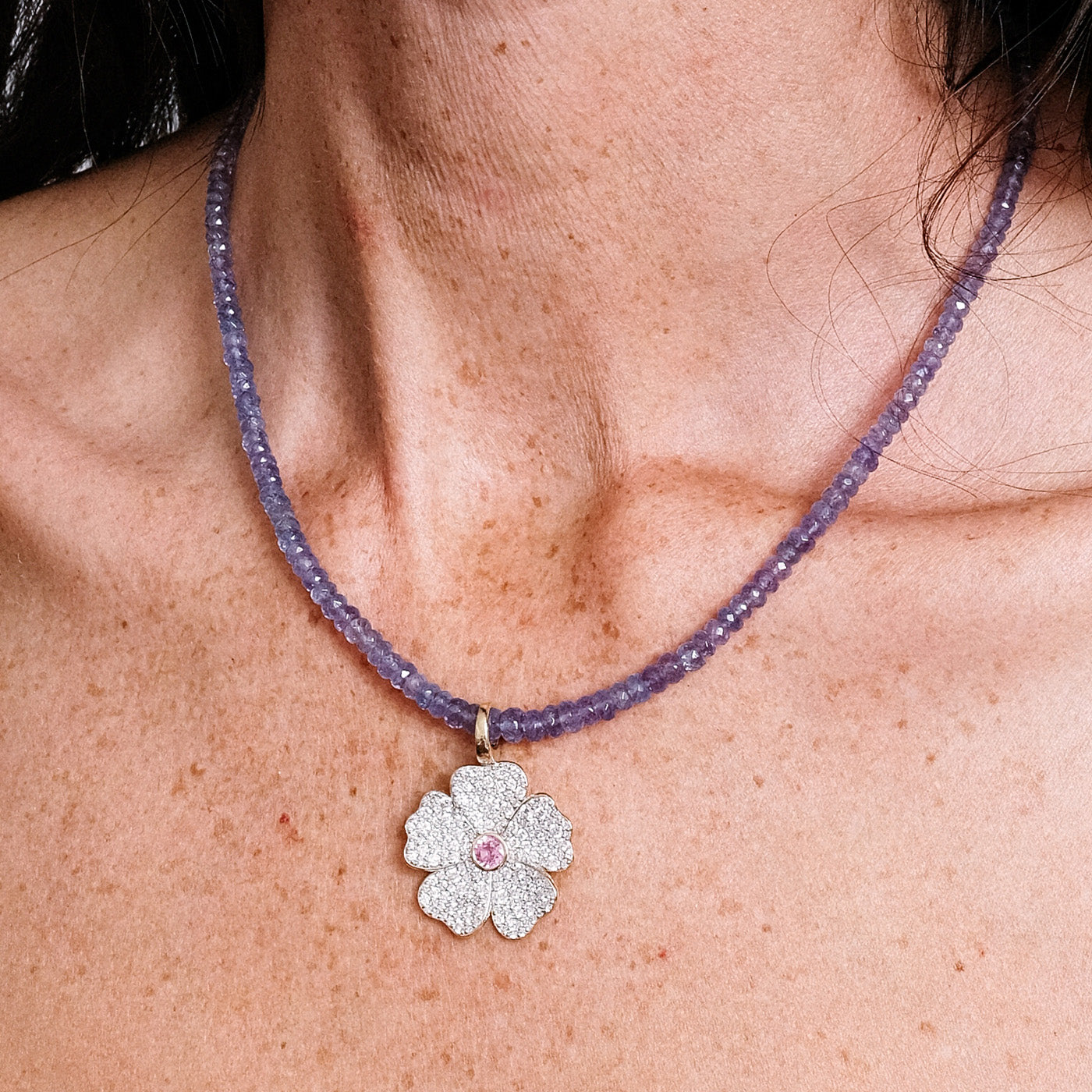 Diamond Wildflower Pendant with Tanzanite Beads
