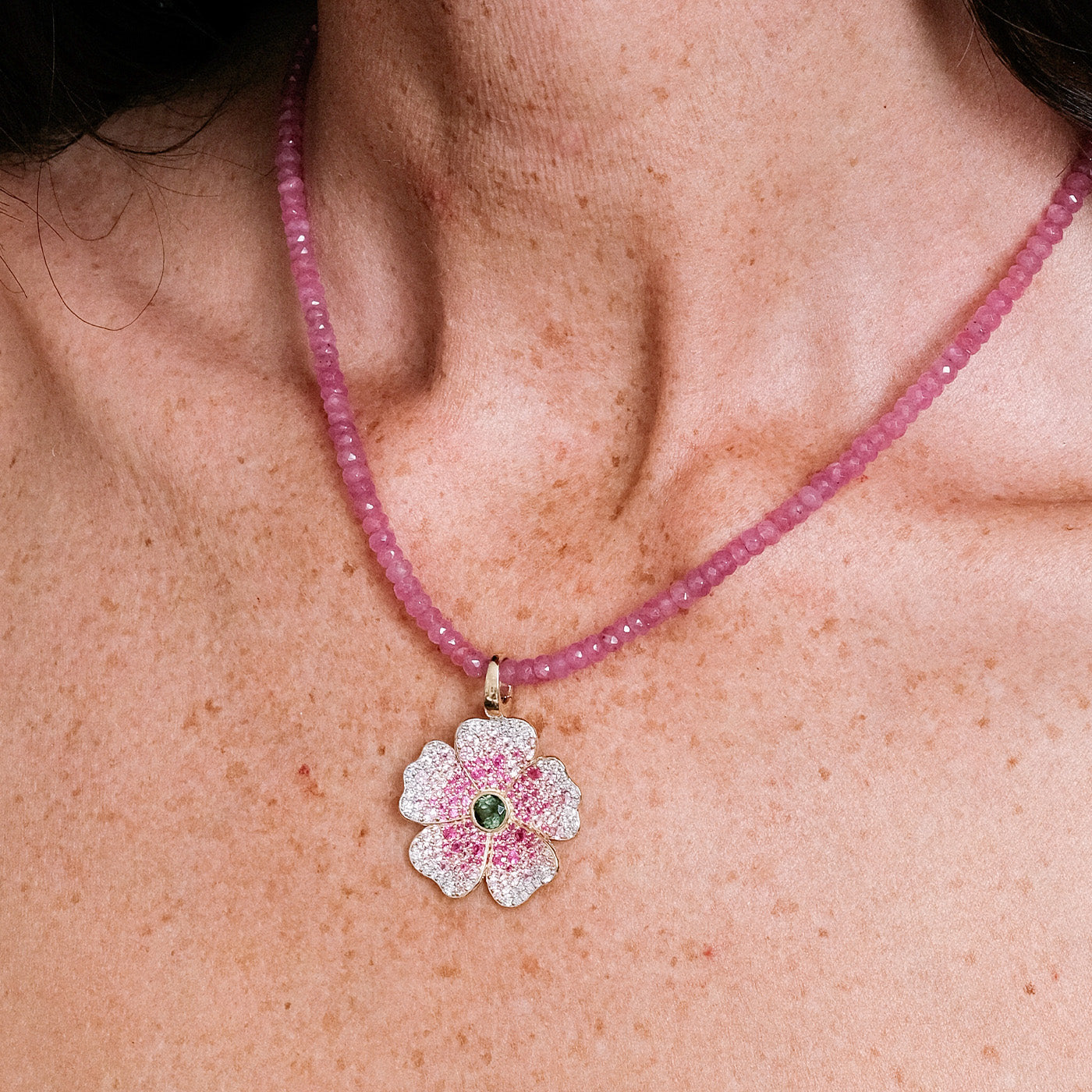 Pink Sapphire and Diamond Wildflower Pendant with Pink Sapphire Beads