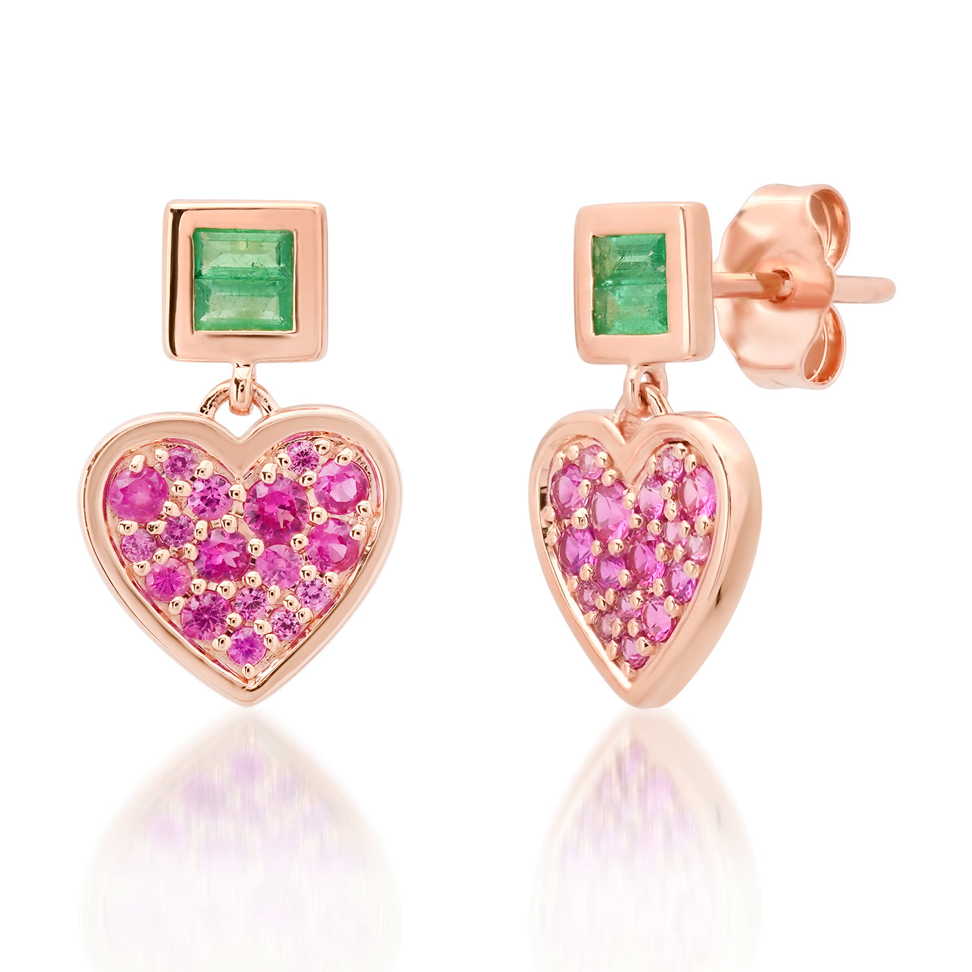 14k Rose Gold Deep Pink Sapphire and Emerald Small Sweetheart Earrings