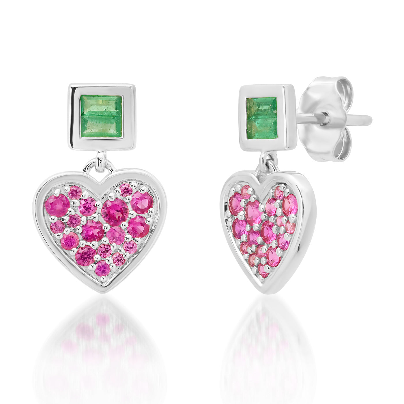 14k White Gold Deep Pink Sapphire and Emerald Small Sweetheart Earrings