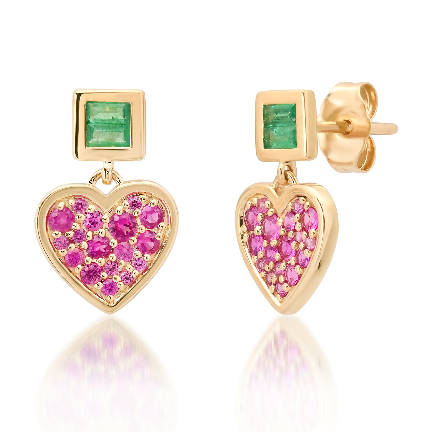 14k Yellow Gold Deep Pink Sapphire and Emerald Small Sweetheart Earrings