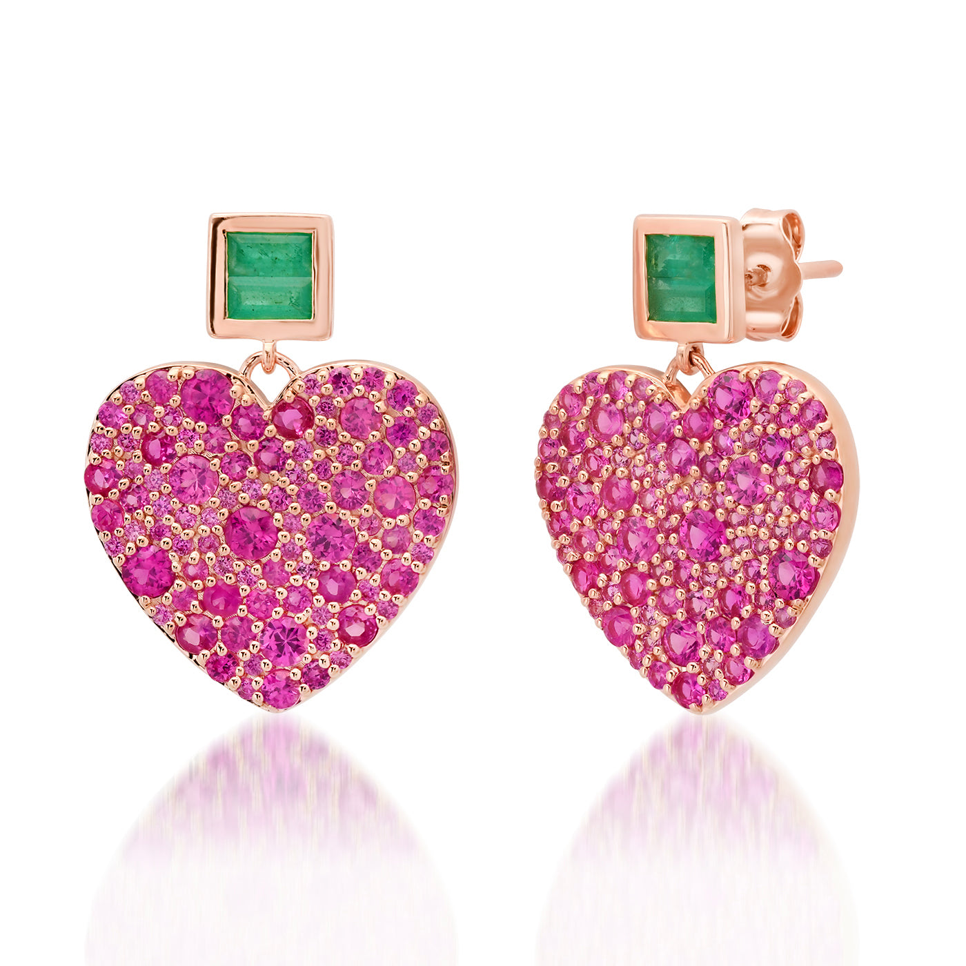 14k Rose Gold Deep Pink Sapphire and Emerald Jumbo Sweetheart Earrings