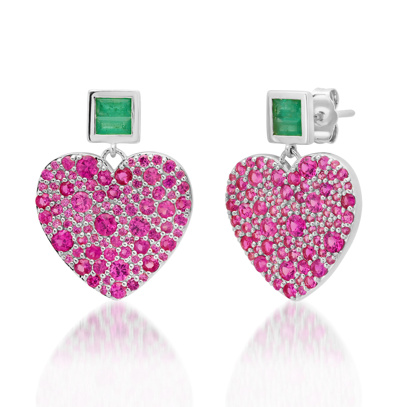 14k White Gold Deep Pink Sapphire and Emerald Jumbo Sweetheart Earrings