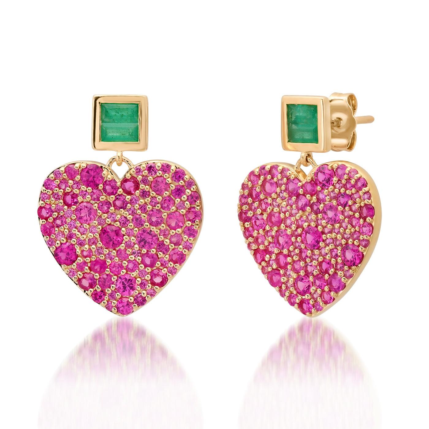 14k Yellow Gold Deep Pink Sapphire and Emerald Jumbo Sweetheart Earrings