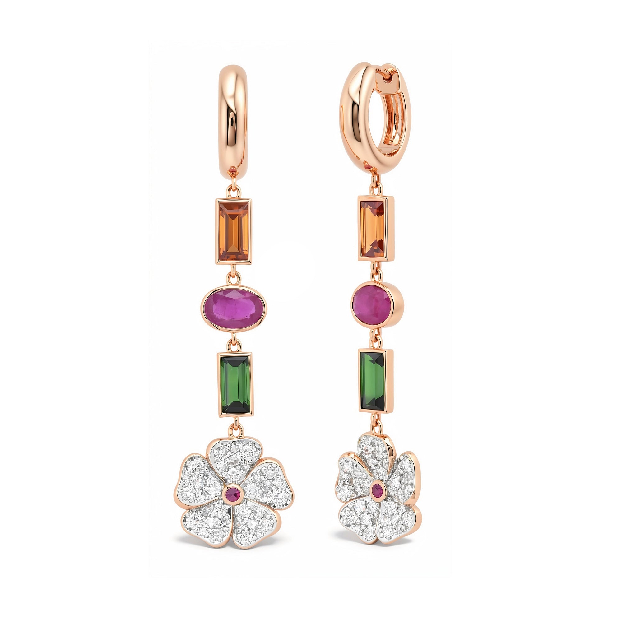 14k Rose Gold Diamond and Multi Colored Wildflower Earrings