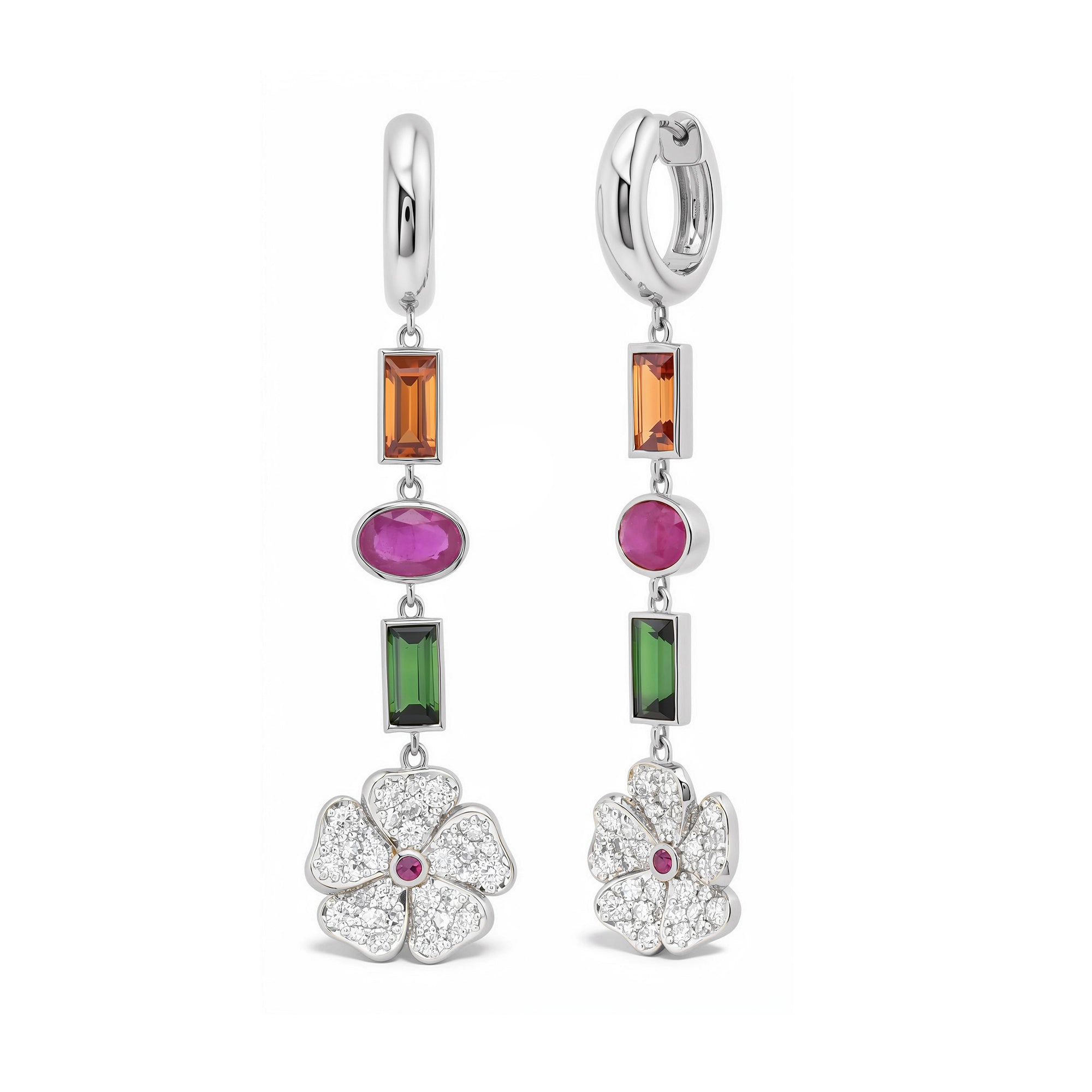 14k White Gold Diamond and Multi Colored Wildflower Earrings