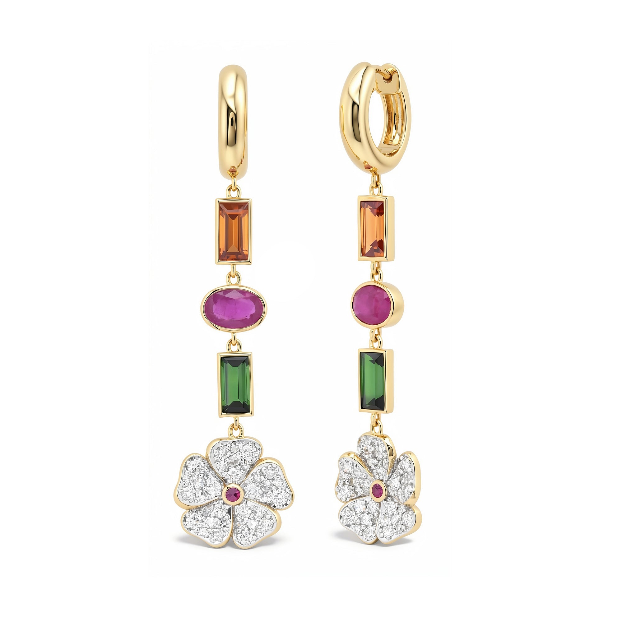 14k Yellow Gold Diamond and Multi Colored Wildflower Earrings