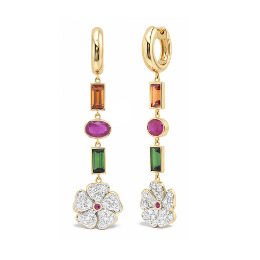 14k Yellow Gold Diamond and Multi Colored Wildflower Earrings