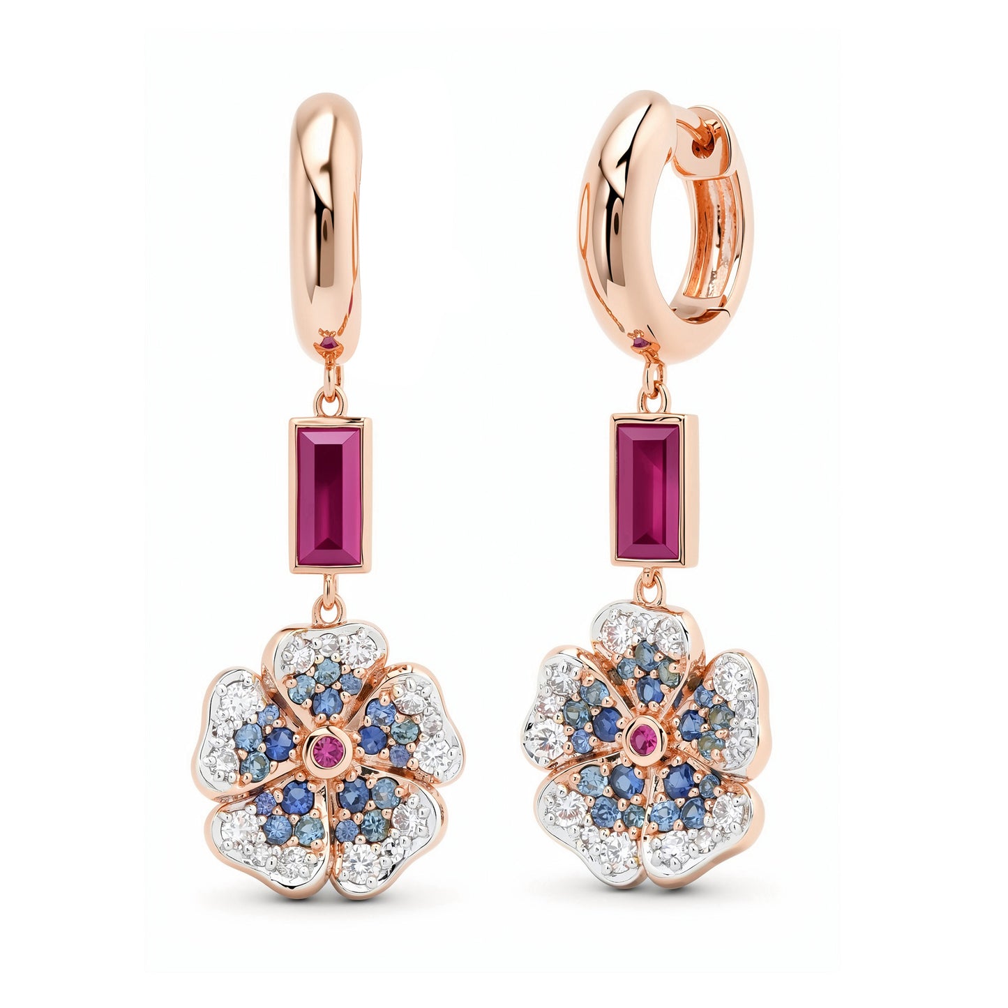 14k Rose Gold Blue Sapphire and Diamond Wildflower Earrings