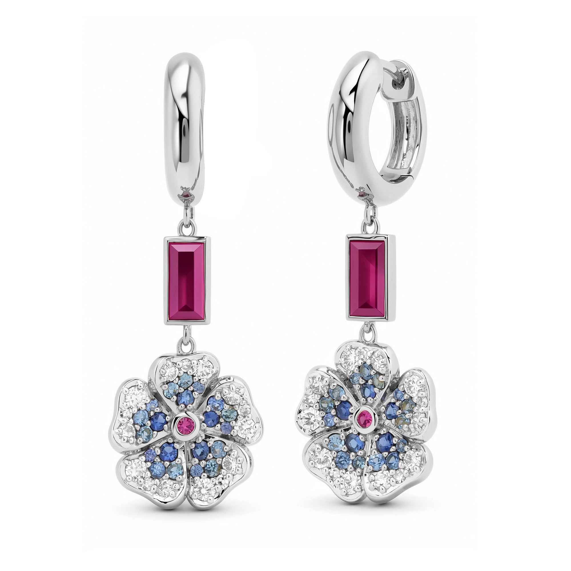 14k White Gold Blue Sapphire and Diamond Wildflower Earrings