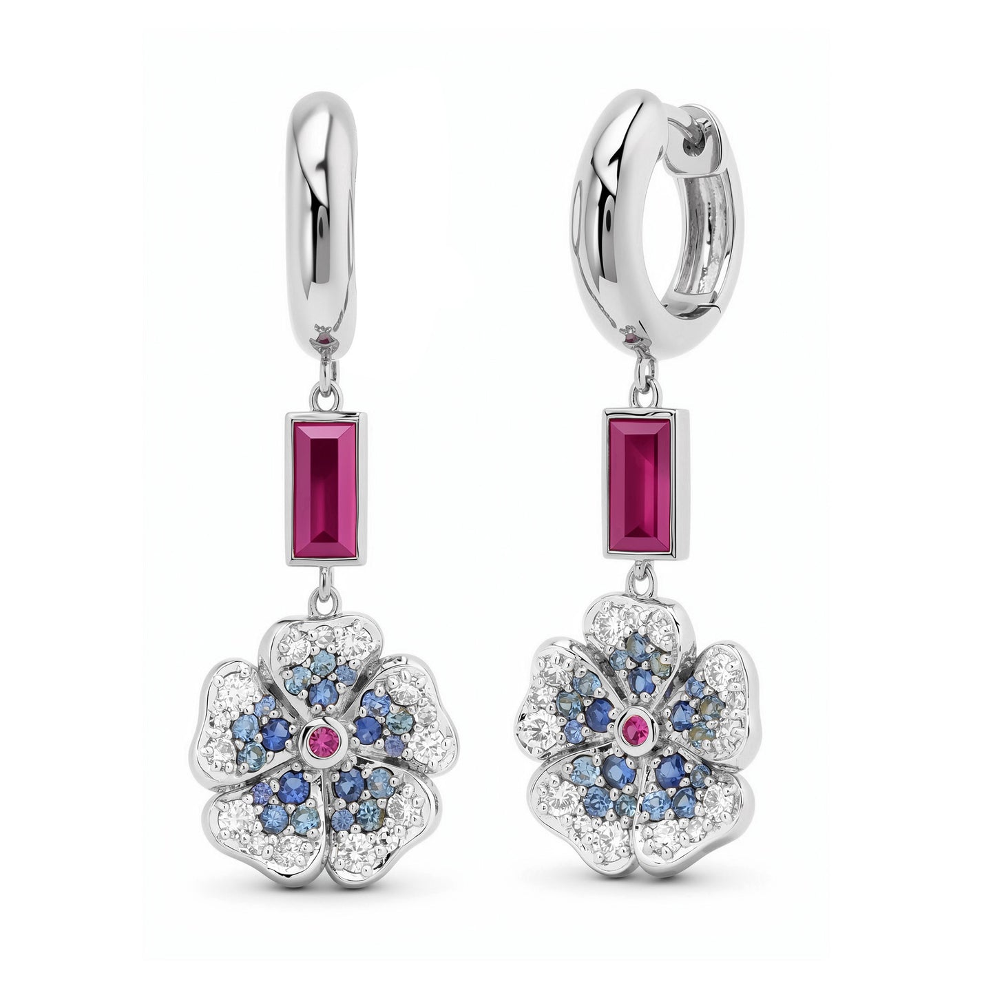 14k White Gold Blue Sapphire and Diamond Wildflower Earrings