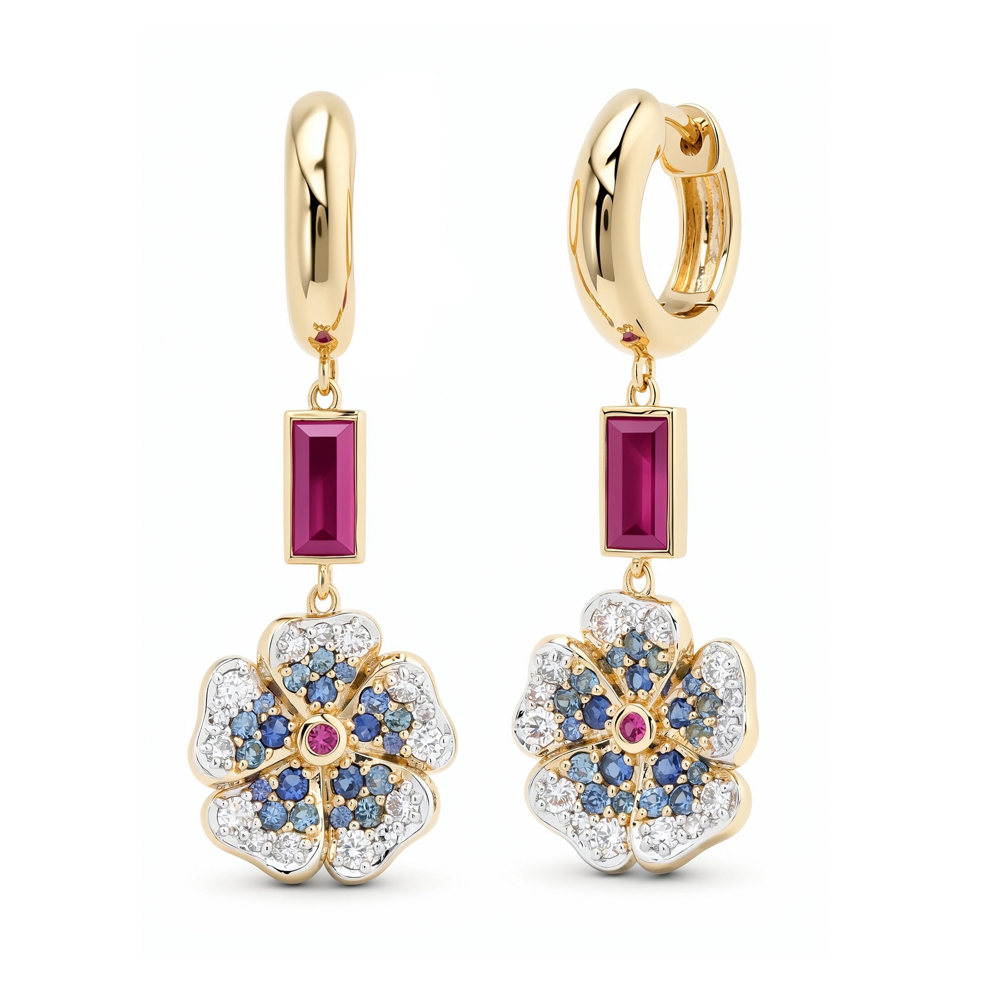 14k Yellow Gold Blue Sapphire and Diamond Wildflower Earrings