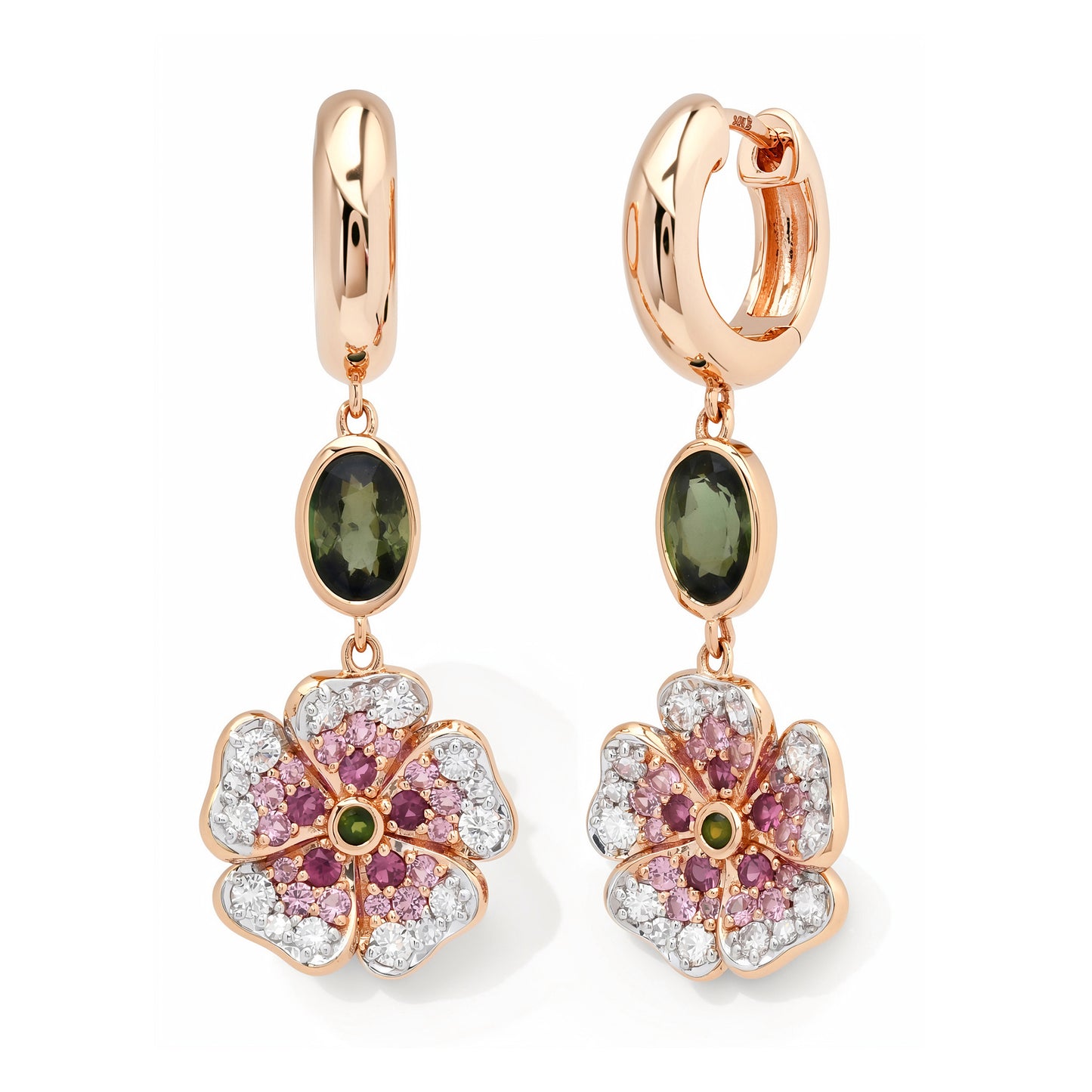 14k Rose Gold Pink Sapphire and Diamond Wildflower Earrings