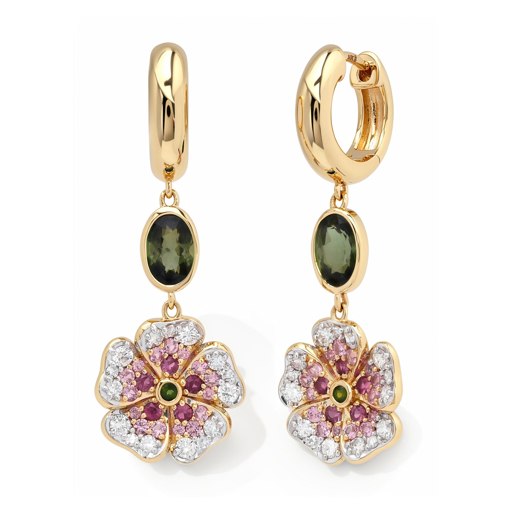 14k Yellow Gold Pink Sapphire and Diamond Wildflower Earrings