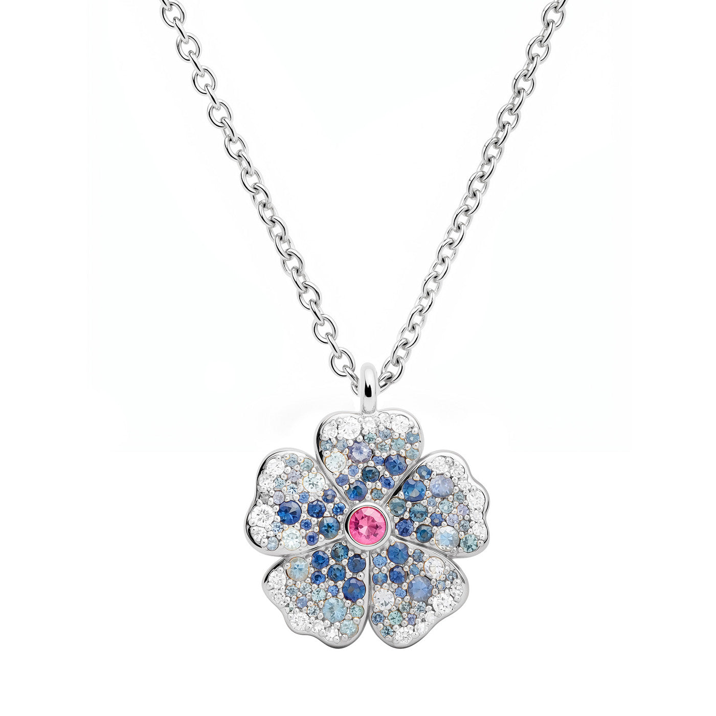 14k White Gold Mini Blue Sapphire and Diamond Wildflower Necklace