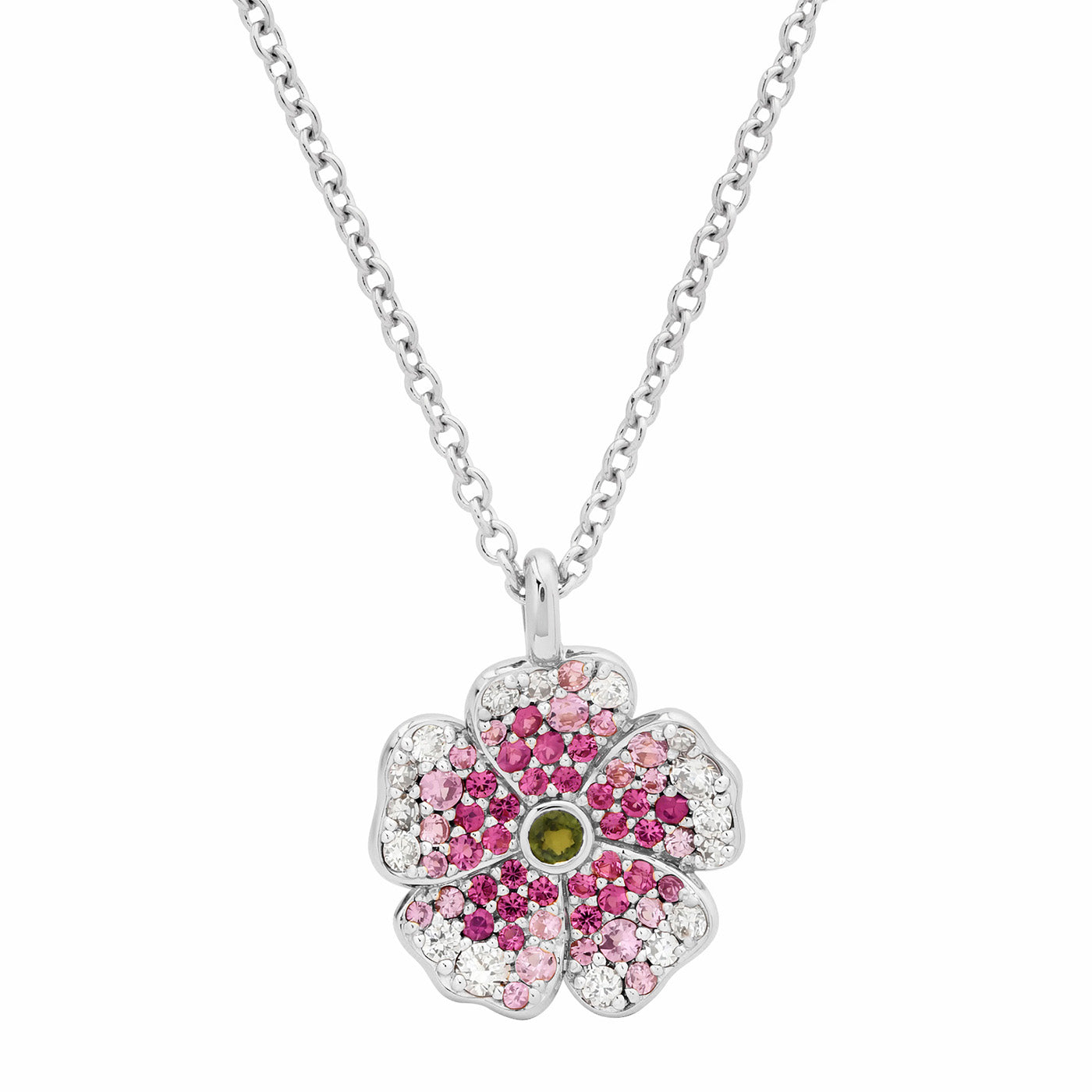 14k White Gold Mini Pink Sapphire and Diamond Wildflower Necklace