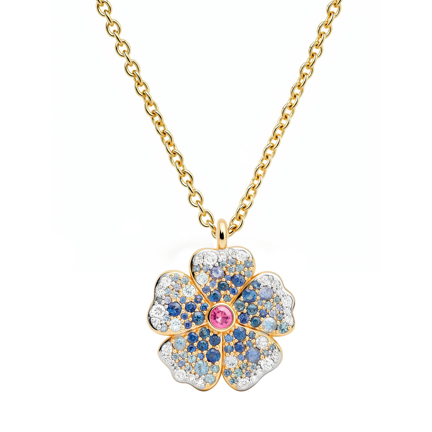 14k Yellow Gold Mini Blue Sapphire and Diamond Wildflower Necklace