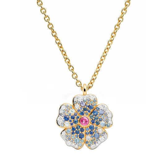 14k Yellow Gold Mini Blue Sapphire and Diamond Wildflower Necklace
