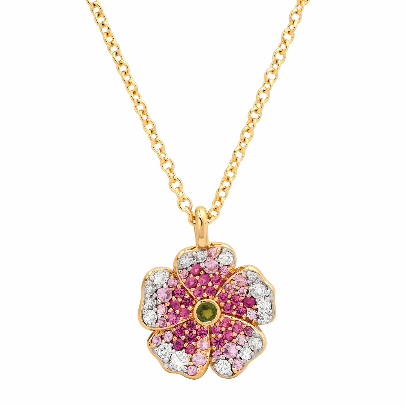 14k Yellow Gold Mini Pink Sapphire and Diamond Wildflower Necklace