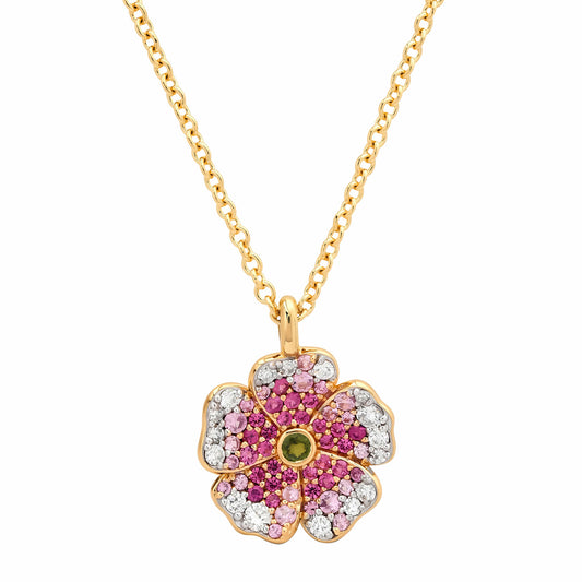 14k Yellow Gold Mini Pink Sapphire and Diamond Wildflower Necklace