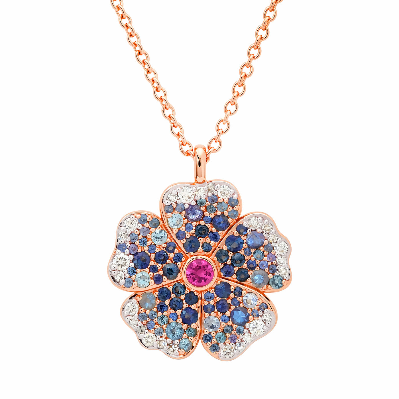 14k Rose Gold Blue Sapphire and Diamond Wildflower Necklace
