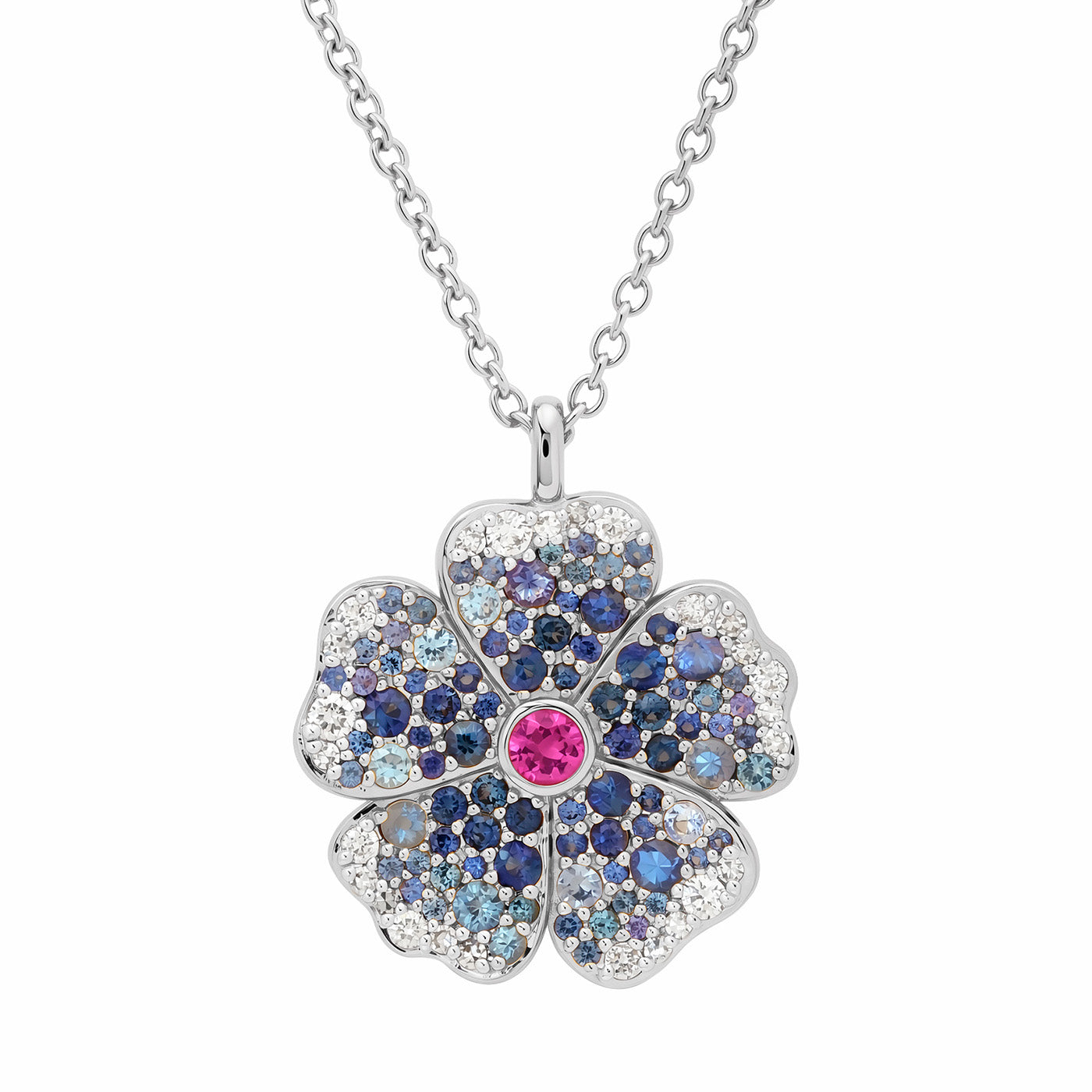 14k White Gold Blue Sapphire and Diamond Wildflower Necklace