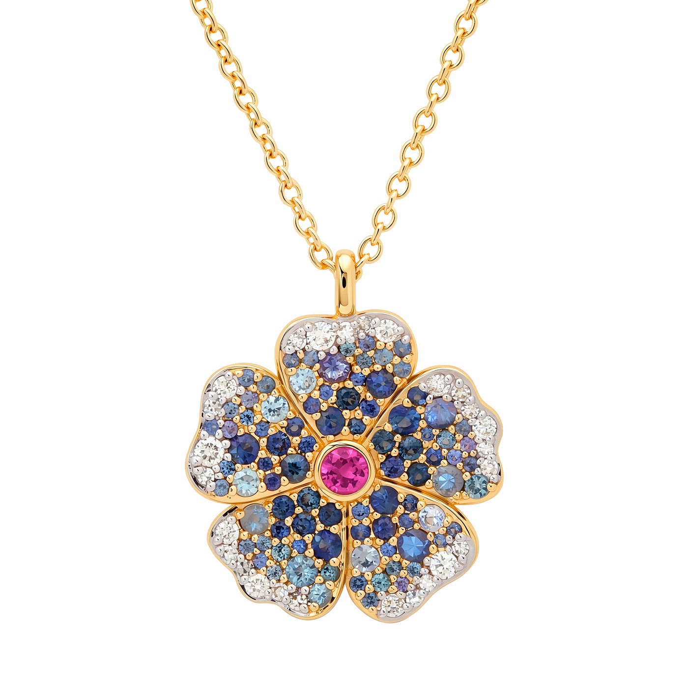 14k Yellow Gold Blue Sapphire and Diamond Wildflower Necklace