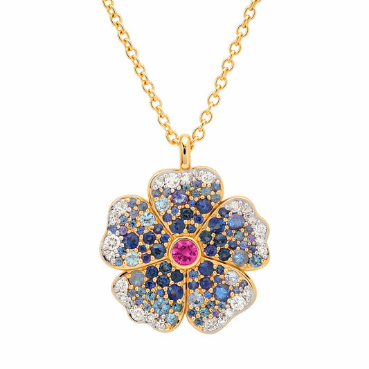 14k Yellow Gold Blue Sapphire and Diamond Wildflower Necklace