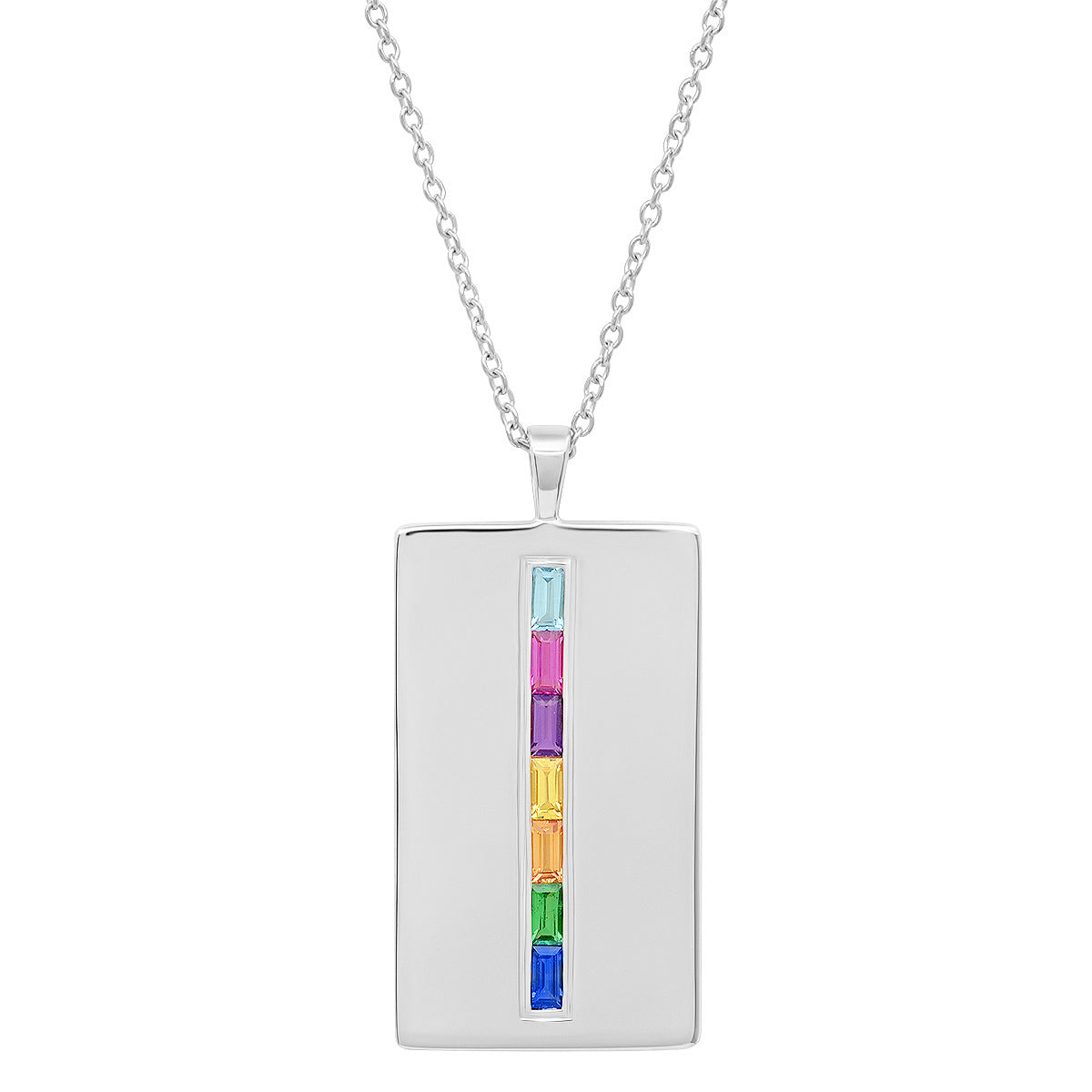 14K Yellow Gold Rainbow Baguette Dog Tag Necklace