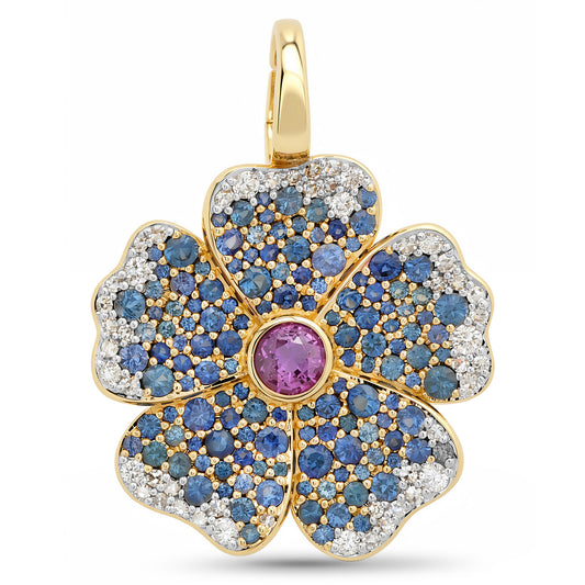 14k Yellow Gold Blue Sapphire and Diamond Wildflower Pendant