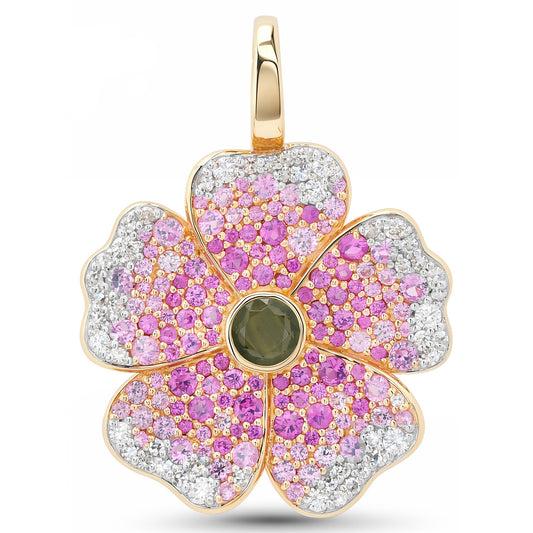 14k Yellow Gold Pink Sapphire and Diamond Wildflower Pendant