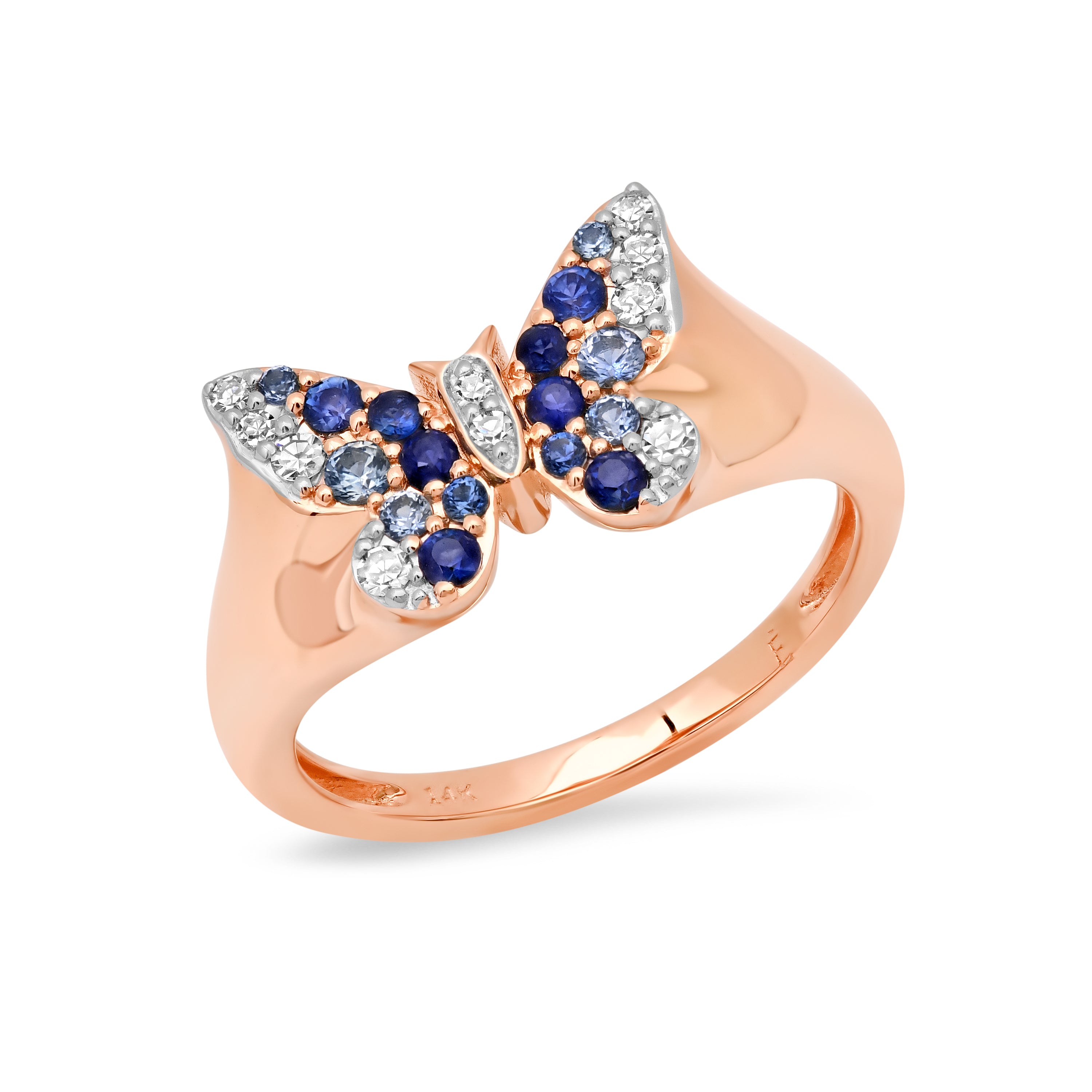 14k Rose Gold Mini Blue and Diamond Ombré Butterfly Pinky Ring
