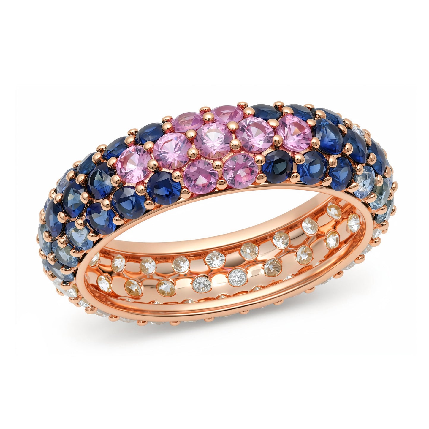 14k Rose Gold Blue Sapphire and Diamond Chunky Domed Ring