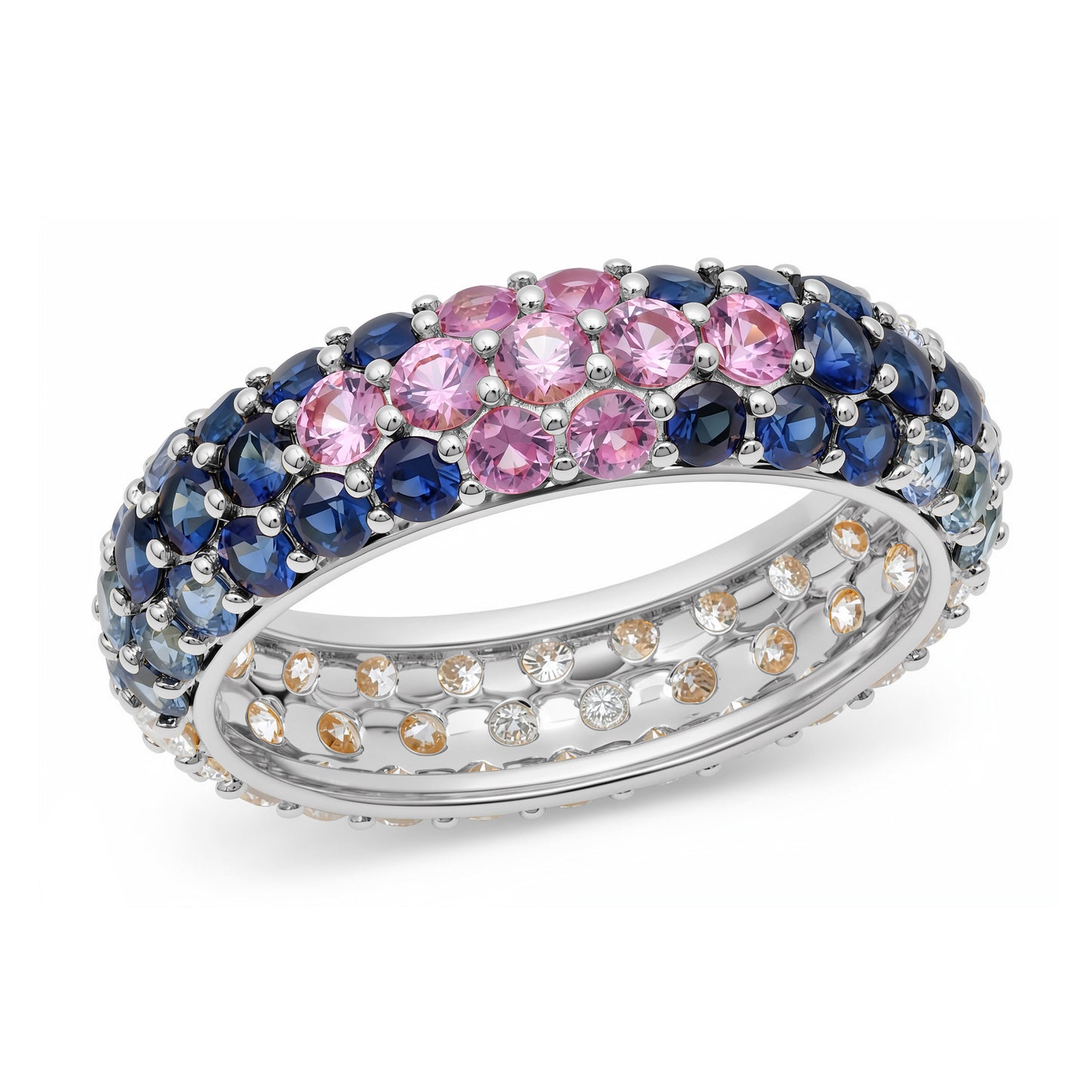 14k White Gold Blue Sapphire and Diamond Chunky Domed Ring