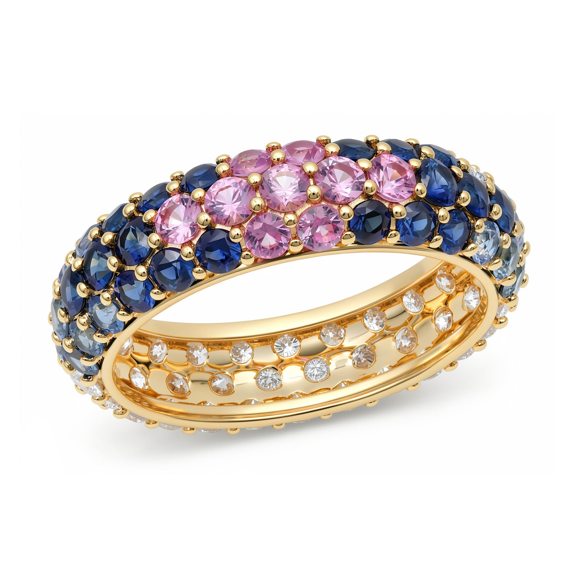 14k Yellow Gold Blue Sapphire and Diamond Chunky Domed Ring