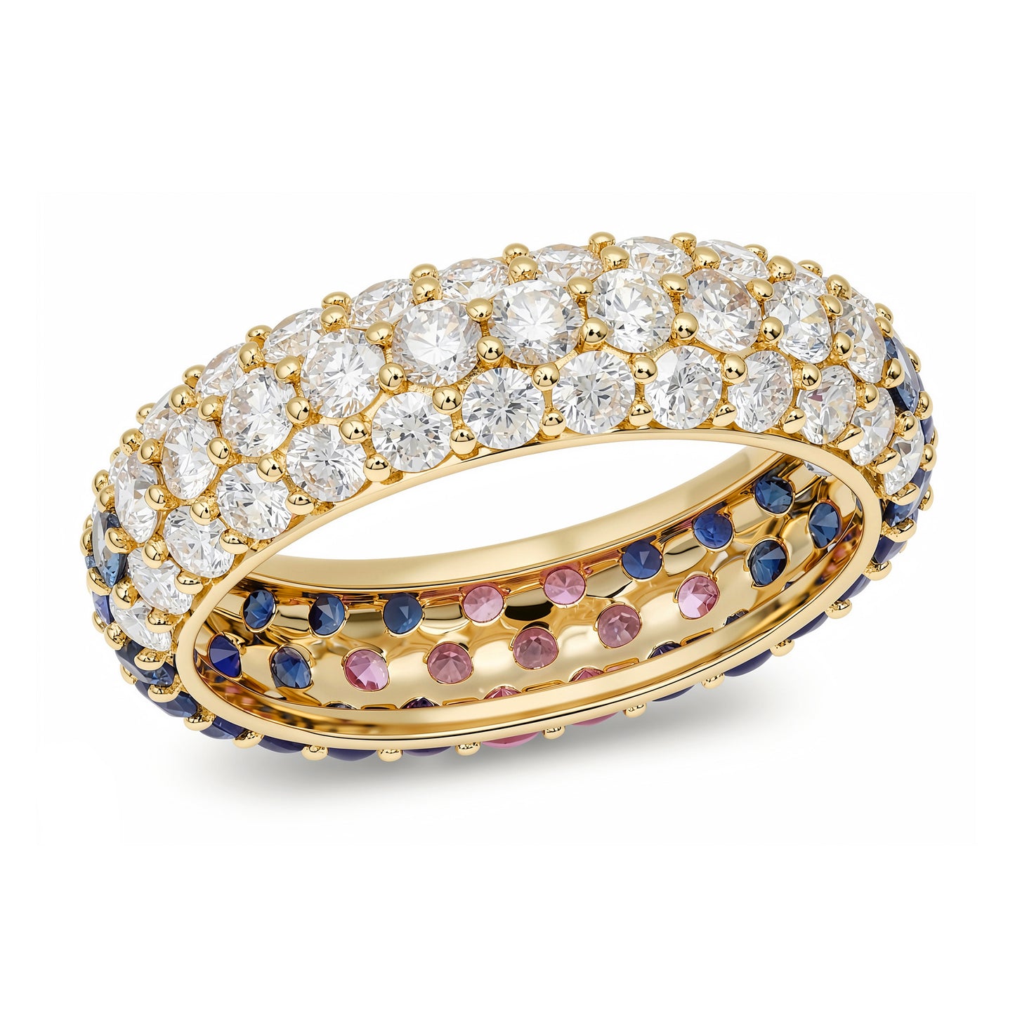 14k Yellow Gold Blue Sapphire and Diamond Chunky Domed Ring