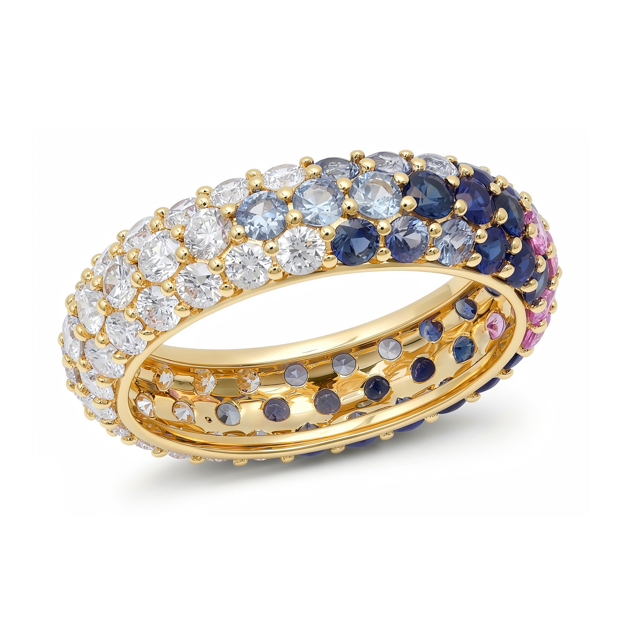 14k Yellow Gold Blue Sapphire and Diamond Chunky Domed Ring