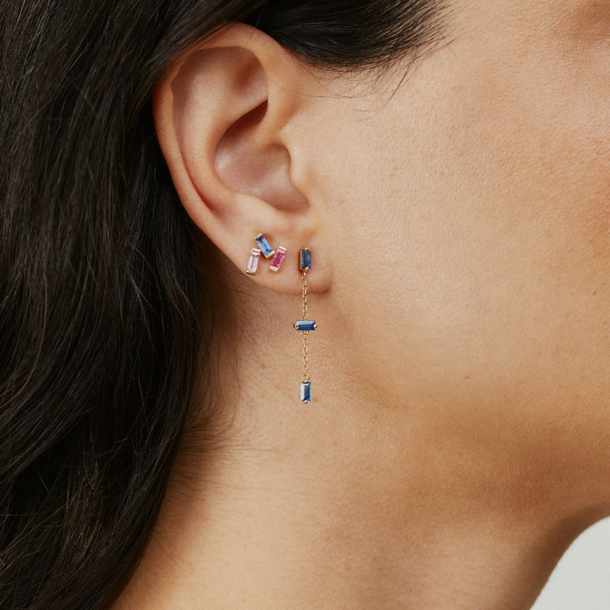 Blue Sapphire Baguette and Chain Drop Earrings