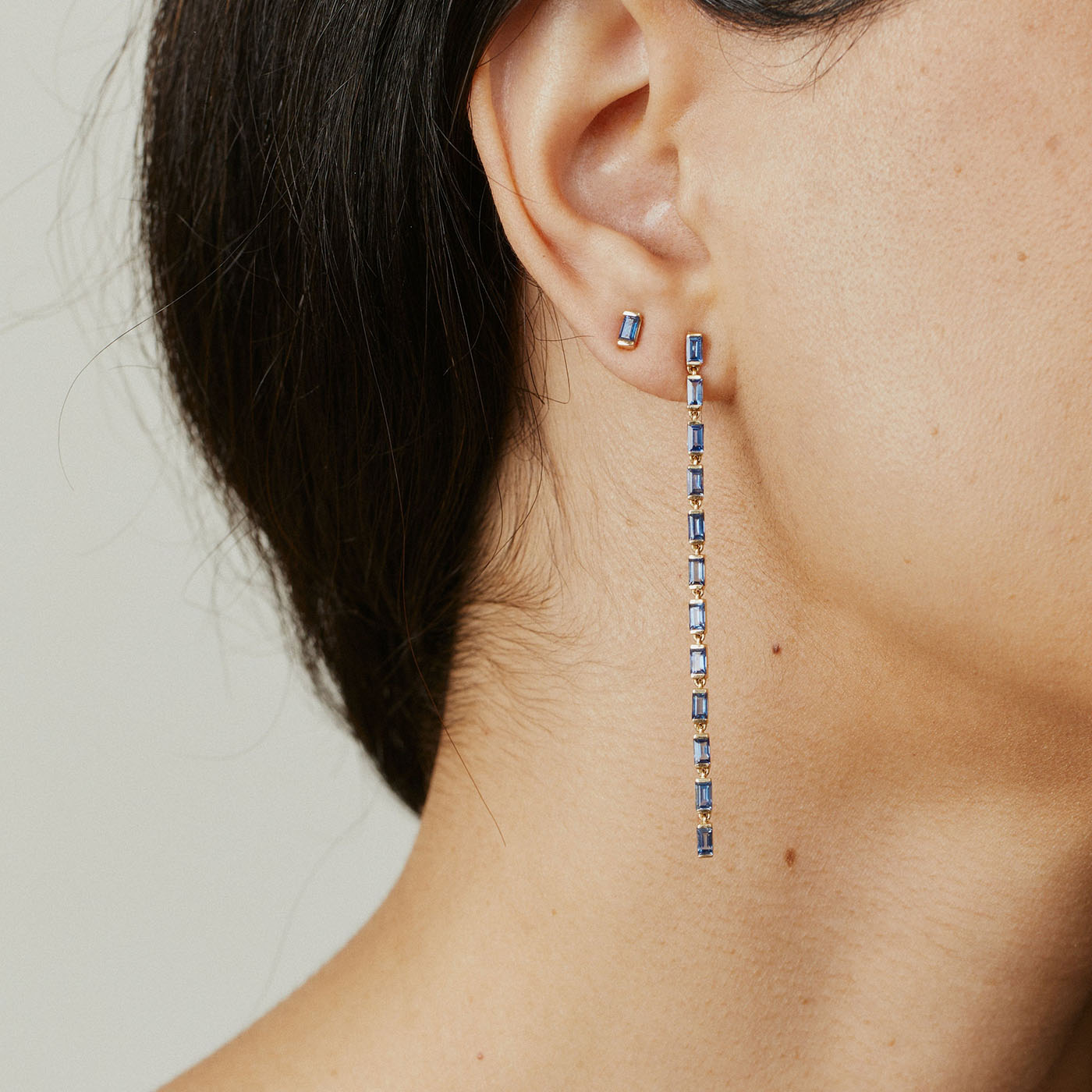 Blue Sapphire Baguette Link Earrings