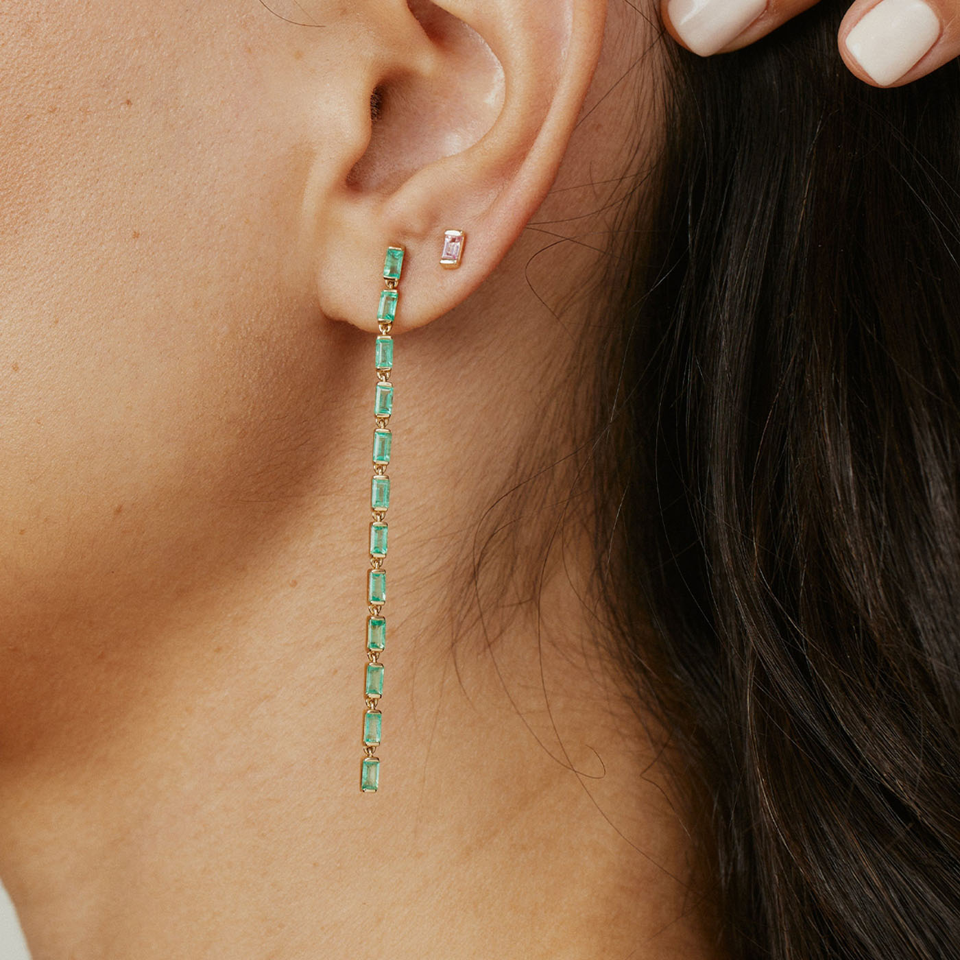 Emerald Baguette Link Earrings