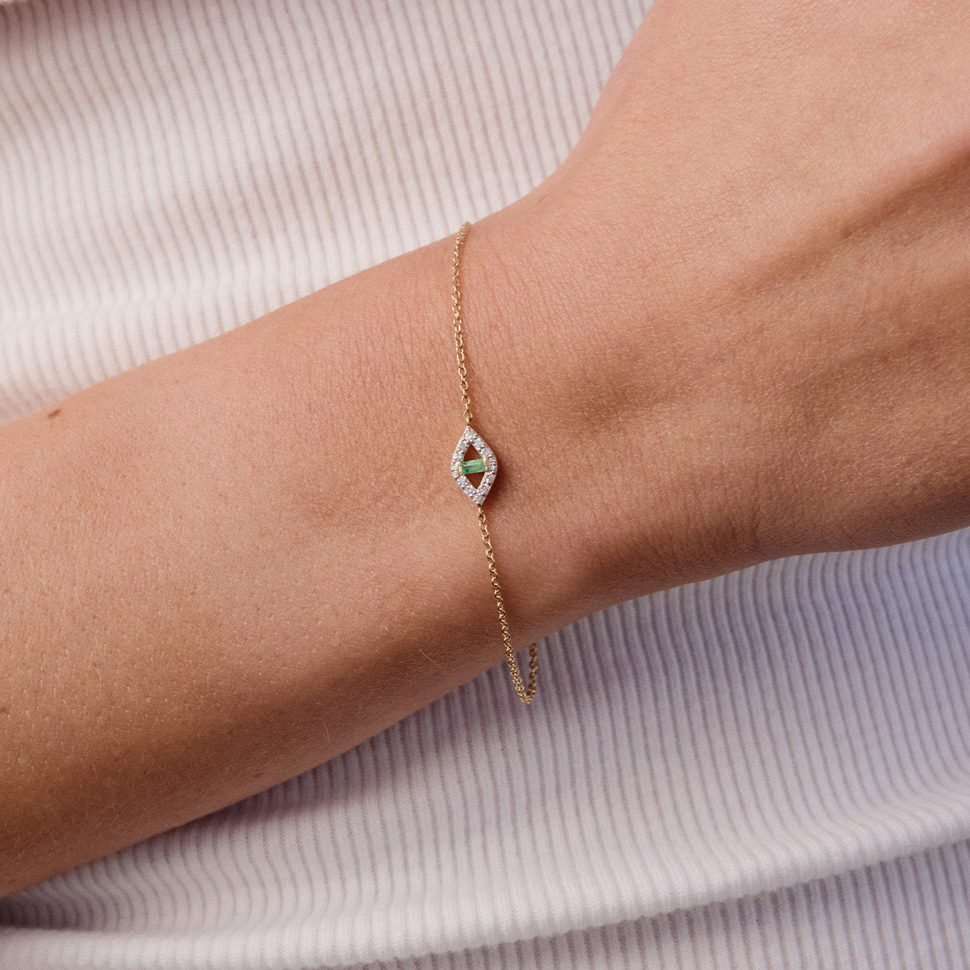 Pave Diamond and Emerald Baguette Evil Eye Bracelet