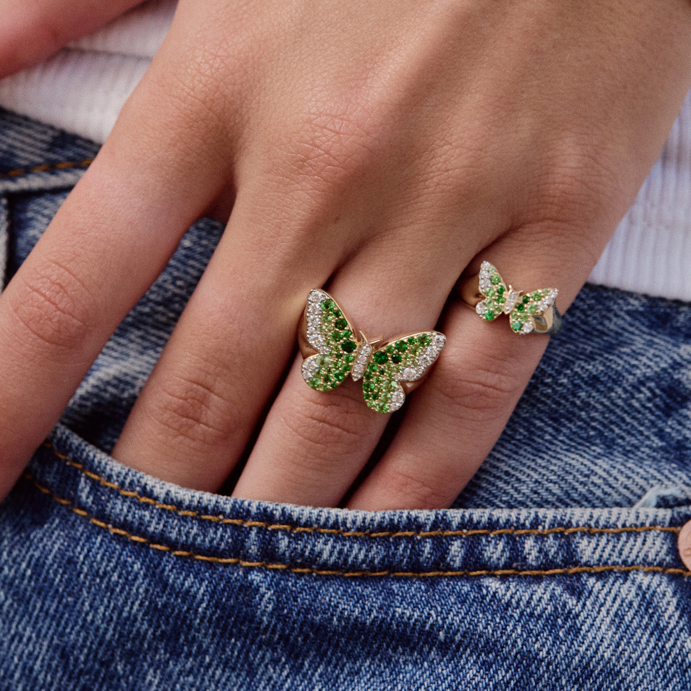 Mini Green and Diamond Ombré Butterfly Pinky Ring