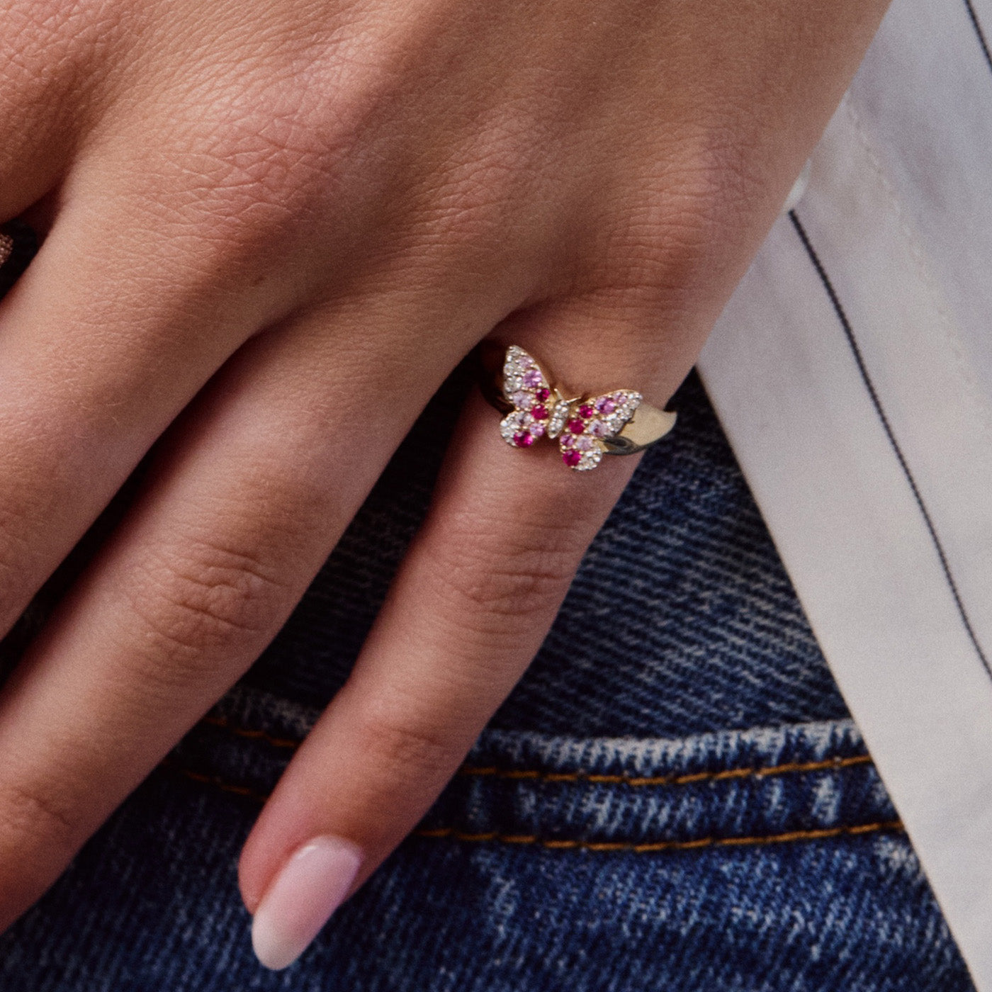 Mini Pink and Diamond Ombré Butterfly Pinky Ring